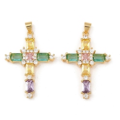 Разноцветный Латунь с кубическим цирконием подвеской, крестик, без свинца и без кадмия, долговечный, стойки покрытие, реальный 18 k позолоченный, красочный, 35.5x25x4 мм, отверстие : 5x3.5 мм