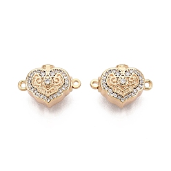 Настоящее золото 18K Латунные застежки из прозрачного кубического циркония с микропаве, сердце, 1 нитей, 2-луночное, реальный 18 k позолоченный, 17~17.5x11~11.5x7.5 мм, отверстие : 1.2~1.4 мм