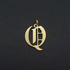 Letter Q 304 подвески из нержавеющей стали, с целью перехода в кольце, старый английский, буквы, лазерная резка, ионное покрытие (ip), реальный 18 k позолоченный, letter.q, 16x12x1 мм, отверстие : 3 мм