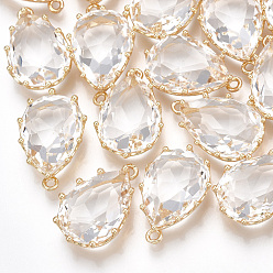 Clear Glass Pendants, with Brass Findings, Faceted, teardrop, Golden, Clear, 22x14.5x7mm, Hole: 1.5mm
