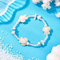 (404) Непрозрачное AB Кислое яблоко Браслеты из синтетической бирюзы и магнезита, морская черепаха, со стеклянными бисеринами, цветочный белый, внутренний диаметр: 2 дюйм (5 см)