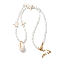 Золотой Подвеска из натуральной ракушки каури, ожерелье из круглых бусин в виде морской звезды из АБС-пластика с цепочками на концах из нержавеющей стали, белые, золотые, 304 дюйм (17.52 см)