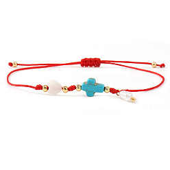 Бирюза Пластиковые браслеты с подвесками из искусственного жемчуга, Браслеты из натуральных ракушек, синтетической бирюзы и латунных бусин, плетеные из бусин, для женщин., крест и сердце, бирюзовые, 11.02 дюйм (28 см)