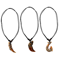 Шоколадный 3 шт. 3 стили смоляной роговой крючок для рыбы с акулой, ожерелья из вощеного шнура с подвеской в виде черепахи, цвет шоколада, 17.32~34.65 дюйм (44~88 см), 1 шт / стиль