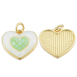 Light Green Brass Enamel Pendants, with Jump Rings and Shell, Golden, Nickel Free, Heart, Light Green, 15x16x3.5mm, Jump Ring: 5x1mm, 3mm inner diameter