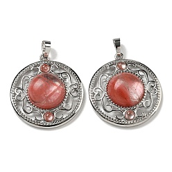 Вишневый Кварц Вишневое из кварцевого стекла подвески, покрытие стойки латунные полые плоские круглые подвески, без кадмия и без свинца, платина, 36.5x33x9.5 мм, отверстие : 7.5x5 мм