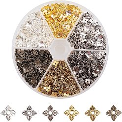 Mixed Color Tibetan Style Alloy Bead Caps, 4-Petal, Flower, Mixed Color, 6x6x2mm, Hole: 1mm