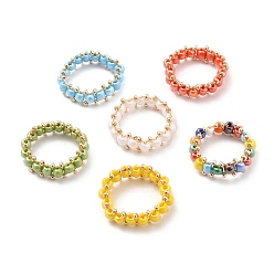 Mixed Color Round Glass Seed Beaded Finger Rings, with Real 18K Gold Plated Copper Wire, Mixed Color, US Size 10 3/4(20.3mm)