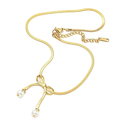 Золотой Ионное покрытие (ip) 304 плоская цепочка-змейка из нержавеющей стали с подвеской-бантом, с пластиковой имитационной жемчужиной, золотые, 12.80 дюйм (32.5 см)