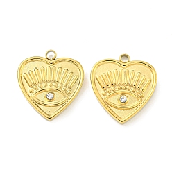 Настоящее золото 18K Вакуумное покрытие pvd 304 подвески из нержавеющей стали, с кристально горный хрусталь, сердце с очаровательными глазами, реальный 18 k позолоченный, 15.5x14x2 мм, отверстие : 1.4 мм