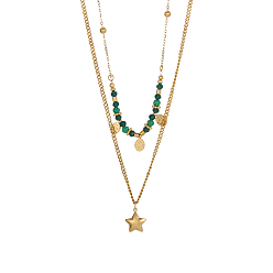 Настоящее золото 14K 304 Двухслойные ожерелья из нержавеющей стали и стеклянных бусин, ожерелья с подвесками в виде звезд, ионное покрытие (ip), реальный 14 k позолоченный, 16.93 дюйм (43 см)