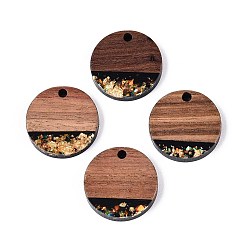 Черный Подвески из непрозрачной смолы и орехового дерева, плоские круглые прелести, с блестящей пудрой и золотой фольгой, чёрные, 19x3~3.5 мм, отверстие : 2 мм