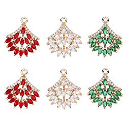 Mixed Color 6Pcs 3 Colors Brass Micro Pave Cubic Zirconia Pendants, Light Gold, Long-Lasting Plated, Fan, Mixed Color, 21x18x3mm, Hole: 1.6mm, 2pcs/color