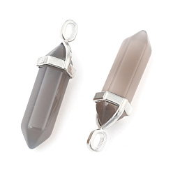 Grey Agate Natural Grey Agate Double Terminated Pointed Pendants, with Random Alloy Pendant Hexagon Bead Cap Bails, Bullet, Platinum, 37~40x12mm, Hole: 3mm