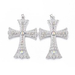 Хрусталь AB Подвески из сплава , со стразами, крестик, серебряный цвет гальваническим, хрусталь AB, 72x49x5 мм, отверстие : 2 мм