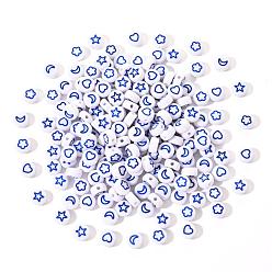 Blue White Opaque Acrylic Beads, Flat Round with Heart & Flower & Moon & Star, Blue, 7x4mm, Hole: 1.6mm, 200pcs/set