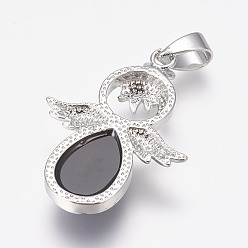 Black Agate Natural Black Agate Pendants, Angel, with Brass Finding, Platinum, 34x25.5x4.5~6.5mm, Hole: 4~5x7mm