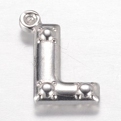 Letter L Устойчивые к потускнению 201 подвески из нержавеющей стали, Письмо L, цвет нержавеющей стали, 15x11x3.5 мм, отверстие : 1.2 мм