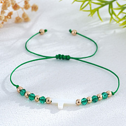 Зеленый Регулируемые браслеты из плетеных бусин из стекла и латуни, украшения в виде креста из натуральных ракушек для женщин, зелёные, 11.02 дюйм (28 см)