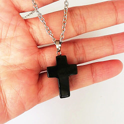 Обсидиан Подвеска в виде креста из синтетического обсидиана на цепочке, ожерелья из сплава для женщин, платина, 20.47 дюйм (52 см)