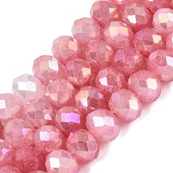 Indian Red Dyed Crackle Imitation Jade Glass Beads Strands, Rondelle, AB Color Plated, Faceted, Indian Red, 7.5x6~6.5mm, Hole: 1.2~1.6mm, about 55~61pcs/strand, 13.58~15.35 inch(34.5~39cm)