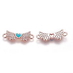 Blue Brass Cubic Zirconia Links, with Synthetic Opal, Wing with Heart, Rose Gold, Blue, 7x21x2mm, Hole: 1.6mm