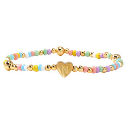 Letter N Summer Stainless Steel Heart Alphabet Colorful Glass Seed Beaded Stretch Bracelets for Women, Golden, Letter N, 6.89 inch(17.5cm)