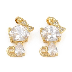 Plaqué 18K Or Véritable Pendentifs en zircone cubique clair en laiton, forme de chat avec des breloques en forme de nœud papillon, réel 18 k plaqué or, 19x14x7mm, Trou: 5x2.5mm