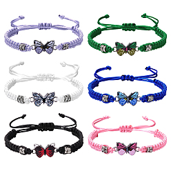 (52) Непрозрачная лаванда 6шт 6 цвета сплава бабочка звено браслет, плетеные шнуры из полиэстера, регулируемые для женщин, разноцветные, внутренний диаметр: 1-5/8~3-1/4 дюйм (4.2~8.3 см), 1 шт / цвет