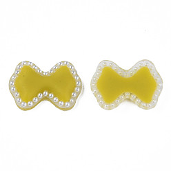 Yellow Acrylic Cabochons, with ABS Plastic Imitation Pearl Beads, Bowknot, Yellow, 18x24.5x4.5mm