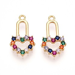 Настоящее золото 18K Латунные микро проложить кубического циркония подвески, сердечные замки-талисманы, реальный 18 k позолоченный, 19x10.5x2 мм, отверстие : 1.5 мм