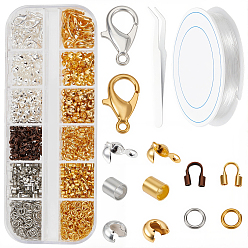 Mixed Color DIY Findings Kits, including Brass Crimp Beads Covers, 304 Stainless Steel Eyelash Tweezers Clips, Mixed Color, 0.8mm