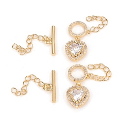 Real 18K Gold Plated Brass Micro Pave Clear Cubic Zirconia Chain Extender, with Toggle Clasps, Cadmium Free & Lead Free, Heart, Real 18K Gold Plated, Ring: 12x2mm, Bar: 6x17.7x2.2mm