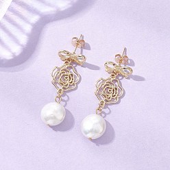 Золотой Серьги-гвоздики с цветком из натурального жемчуга кеши и бантом, с подвесками из цинкового сплава, золотые, золотые, 42.5x13.5 мм