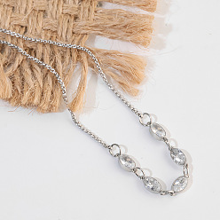Stainless Steel Color Adjustable 304 Stainless Steel Pave Clear Cubic Zirconia Geometric Oval Link Chain Slider Bracelets for Women, Stainless Steel Color, 4.33 inch(11cm)