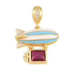 Medium Violet Red Brass Micro Pave Cubic Zirconia Pendants, with Enamel, Airship Shape Charms, Cadmium Free & Lead Free, Rack Plating, Long-Lasting Plated, Real 18K Gold Plated, Medium Violet Red, 22x24x6.5mm, Hole: 6.5x3mm