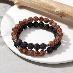 Couleur Mélangete Bracelet extensible en pierre de lave naturelle et perles rondes en bois, couleur mixte, diamètre intérieur: 2 pouce (5 cm), 2 pièces / kit