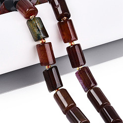 Saddle Brown Natural Agate Beads Strands, Dyed, Column, with Seed Beads, Saddle Brown, 11.5~13x7.5~8.5mm, Hole: 1.2~1.5mm, about 27~28pcs/strand, 14.37~15.16 inch(36.5~38.5cm)
