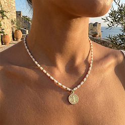 Золотой 304 Подвеска в виде медальона Святого Бенедикта из нержавеющей стали, короткие цепочки из стеклянных и латунных бусин для повседневного ношения для женщин, белые, золотые, 17.72 дюйм (45 см)