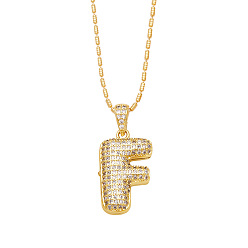 Letter F Brass Micro Pave Cubic Zirconia Pendant Necklaces, Golden, Letter F, 16.54 inch(42cm), Pendant: 24~30x13~22mm
