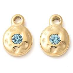Аквамарин 304 нержавеющая сталь с подвесками из стразов, ручная полировка, плоско-круглые, ионное покрытие (ip), золотые, аквамарин, 9.5x6.5x2.5 мм, отверстие : 1.4 мм