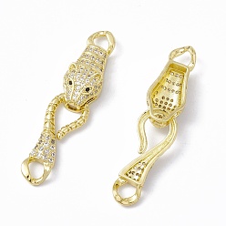 Real 18K Gold Plated Rack Plating Brass Micro Pave Clear & Black Cubic Zirconia S-Hook Clasps, Long-Lasting Plated, Cadmium Free & Lead Free, Leopard, Real 18K Gold Plated, 48mm, Hole: 4mm, Leopard: 24.5x10.5x7.5mm, Clasp: 28x11x4mm