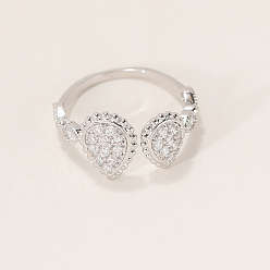 Серебро Латунные микропаве кубические цирконии манжеты открытые кольца для женщин, слеза, серебряные, 10 мм, внутренний диаметр: 16мм~18мм