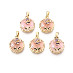 Персиковый Слойка Латунь эмаль подвески, плоские круглые и цветочные подвески, с ABS имитации жемчуга, реальный 18 k позолоченный, розовые, 16x13.5x5 мм, отверстие : 5x2.5 мм