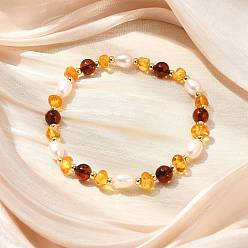 Круглые Эластичные браслеты из натурального янтаря и культивированного пресноводного жемчуга для женщин., с латунным, реальный 14 k позолоченный, круглые и самородки, внутренний диаметр: 2.28 дюйм (5.8 см)