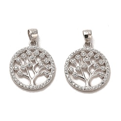 Платинированный Серебряный кулон с родиевым покрытием 925 925 пробы, с кубического циркония, плоская круглая с подвесками дерево жизни, с печатью 925, Реальная платина, 17.5x15x1.6 мм, отверстие : 4x3 мм
