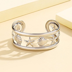 Нержавеющая Сталь Цвет 304 женские браслеты-манжеты из нержавеющей стали, морская звезда и форма раковины, цвет нержавеющей стали, 1-1/8 дюйм (2.7 см), внутренний диаметр: 2-1/4 дюйм (5.8 см)
