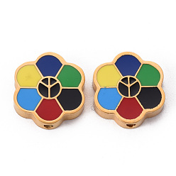 Doré  304 perles d'émail en acier inoxydable, fleur avec signe de paix, colorées, or, 15x14x3.5mm, Trou: 1.6mm