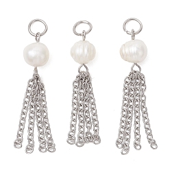 Нержавеющая Сталь Цвет Подвески из натурального культивированного пресноводного жемчуга в форме картофеля, с 304 цепочками из нержавеющей стали и кисточками, цветочный белый, цвет нержавеющей стали, 40.5x7.5~8.5x7~8.5 мм, Перейти кольцо: 6x1 мм, внутренний диаметр: 4.5 мм