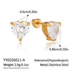 Corazón 304 Pendientes de botón de acero inoxidable con circonitas cúbicas engastadas para mujer, dorado, corazón, 9x8.8 mm